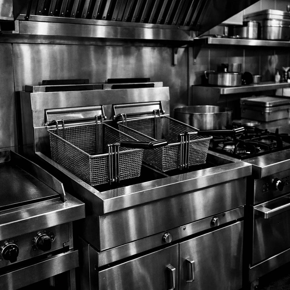 Restaurant deep fryer station used in commercial kitchen grease recycling and grease trap maintenance.